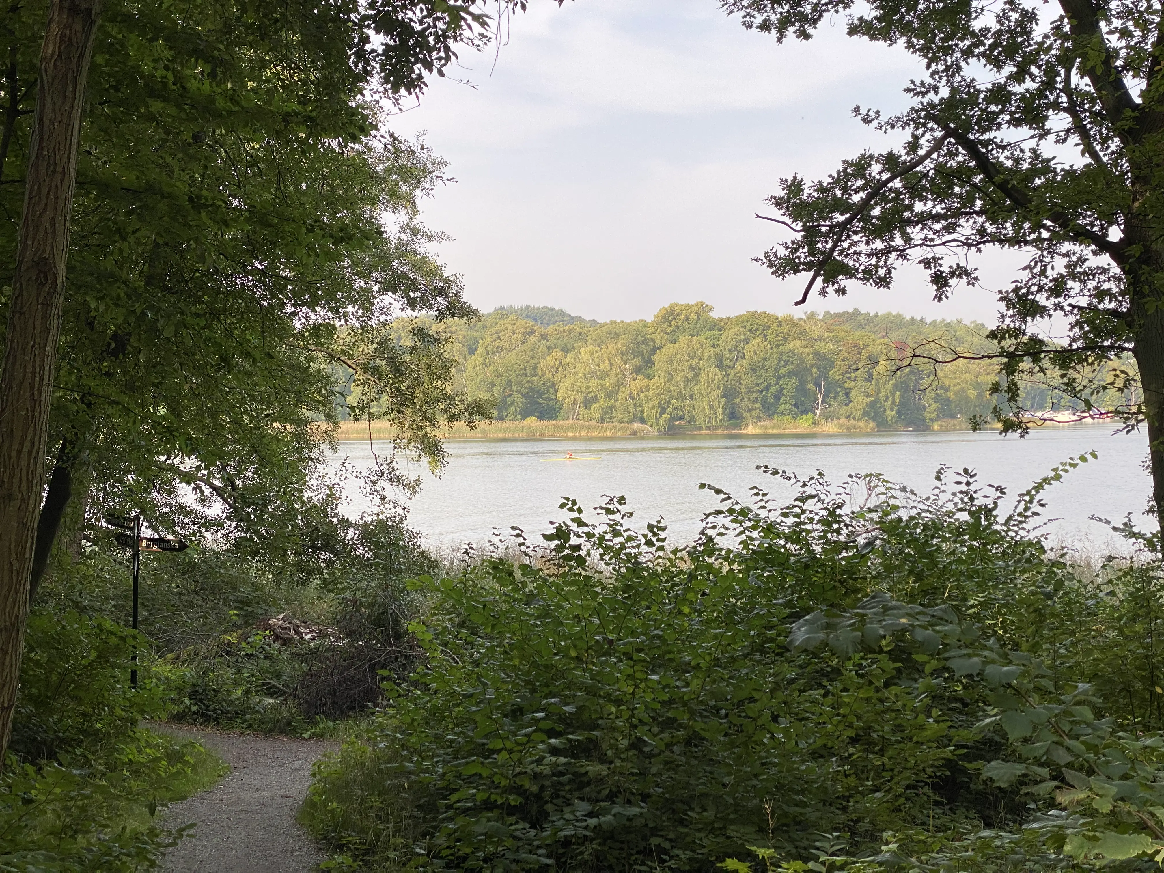Foto zeigt im Vordergrund einen Wanderweg durch Baeume und Gebuesch, in der Mitte einen See mit einer Person im Kajak und dahinter Wald.