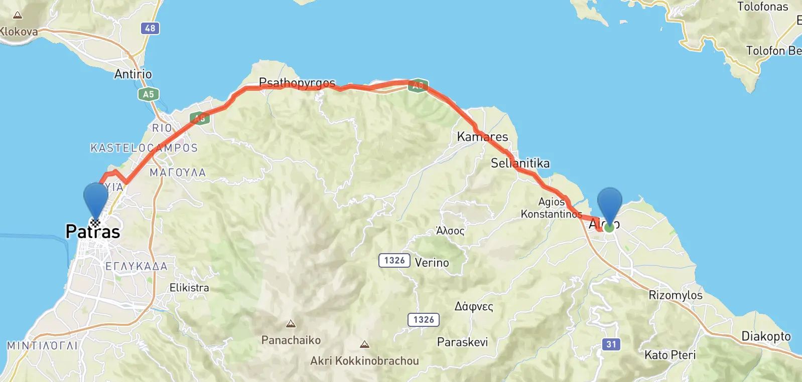 Screenshot einer Karte. Die Strecke von Aigio nach Patras ist eingezeichnet.