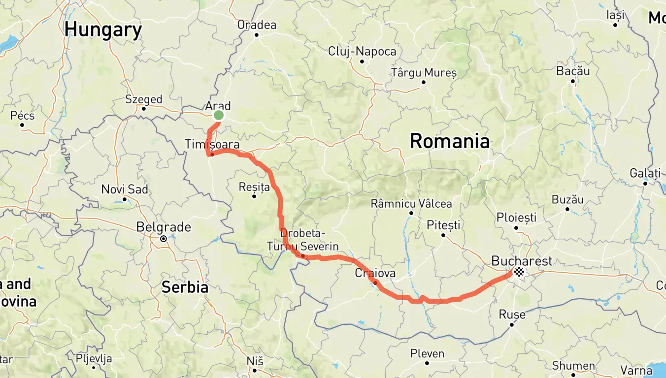 Screenshot einer Karte. Die Strecke von Arad nach Bucharest ist eingezeichnet.