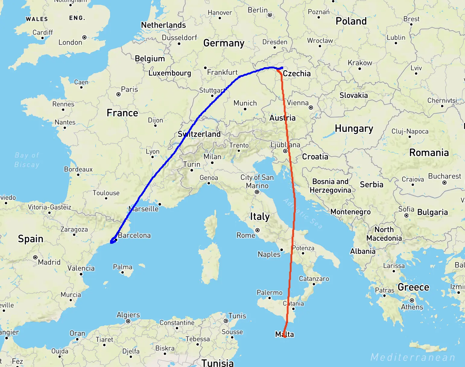 Screenshot einer Karte. Die Strecke von Malta ueber Prag nach Barcelona ist eingezeichnet.