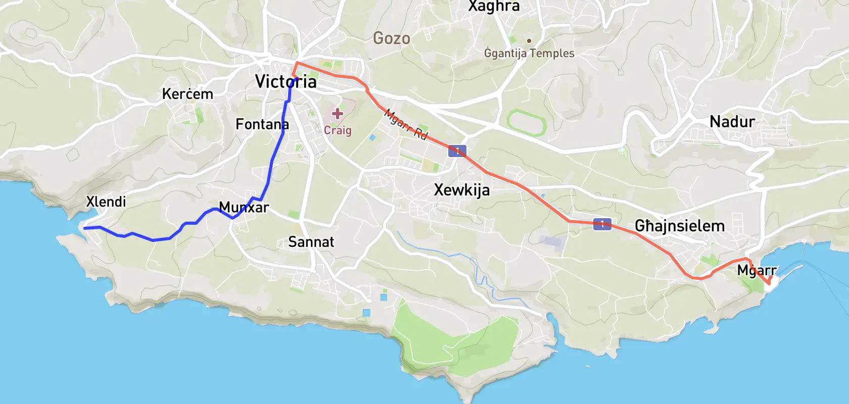 Screenshot einer Karte. Die Strecke von Mgarr ueber Victoria nach Xlendi ist eingezeichnet.