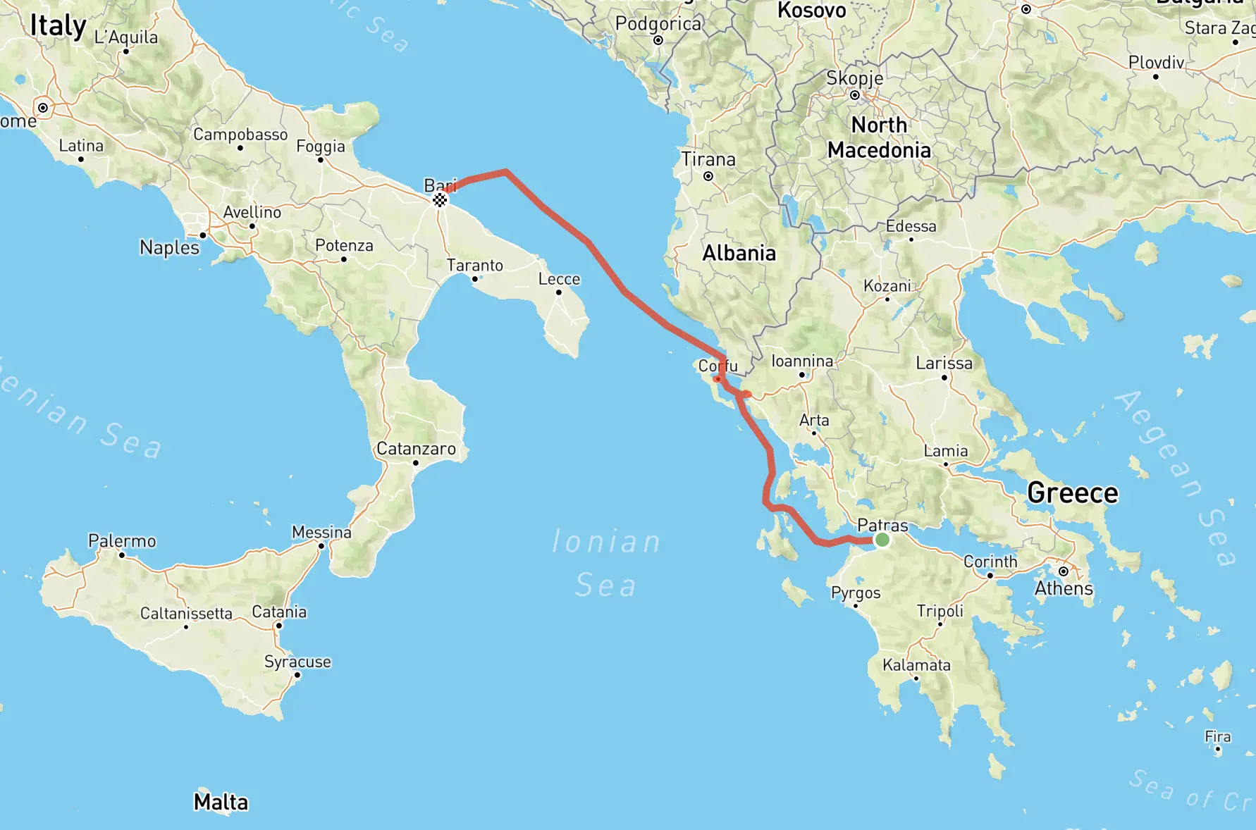 Screenshot einer Karte. Die Strecke von Patras nach Bari ist eingezeichnet.