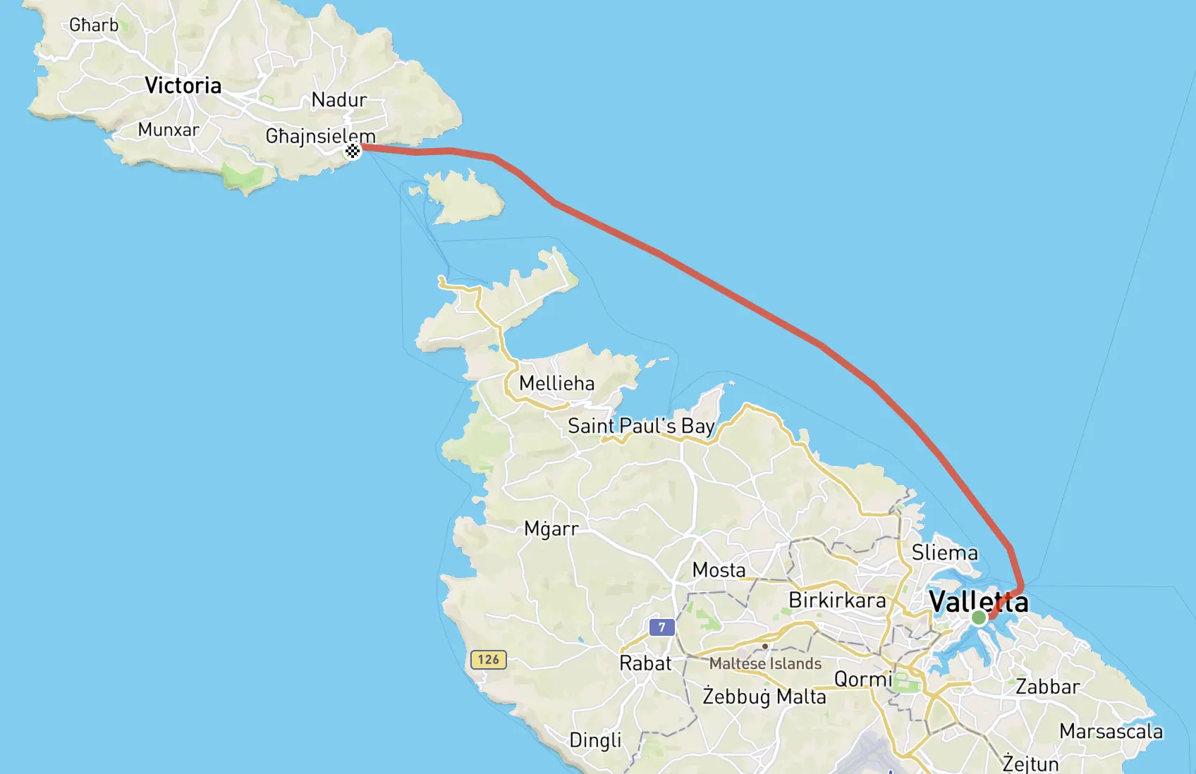 Screenshot einer Karte. Die Strecke von Valetta nach Mgarr ist eingezeichnet.