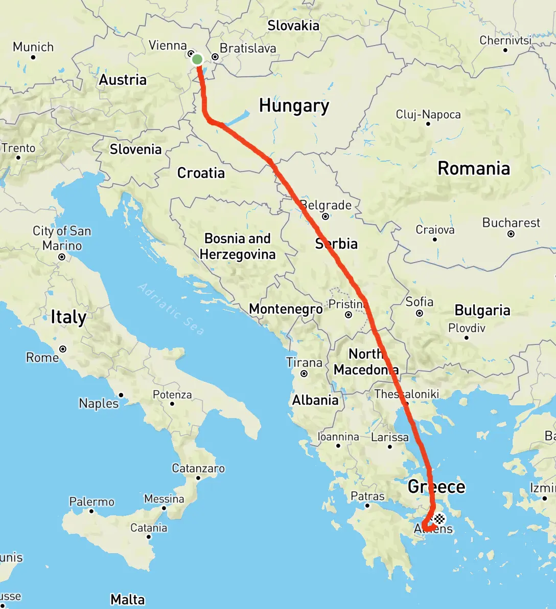 Screenshot einer Karte. Die Strecke von Wien nach Athen ist eingezeichnet.